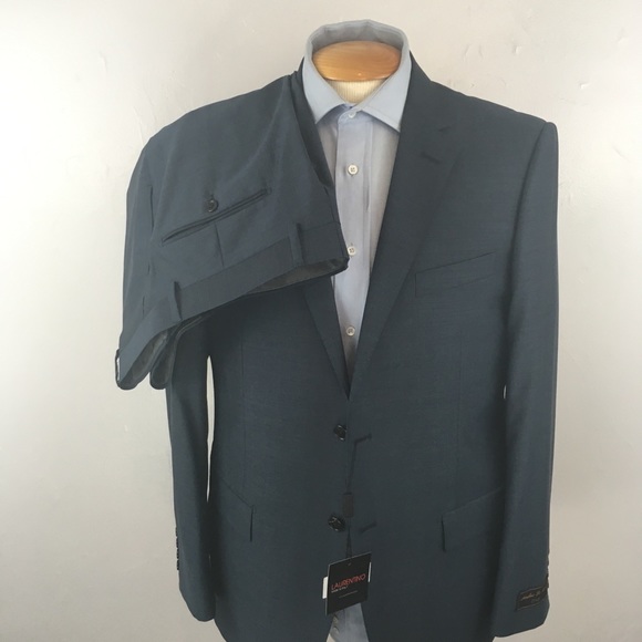 Laurentino 42r mens suit blue herringbone 2 piece 100% wool 2 button new ea0194